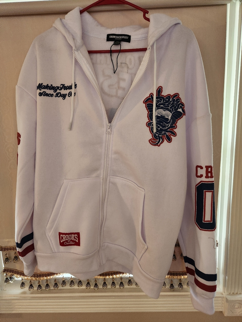 Crooks & Castles White Hoodie with Navy & Red Embroidered Graphics